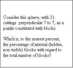 Zone de Texte: Consider this sphere, with 21 cuttings  perpendicular 7 to 7, as a puzzle constituted with blocks

Which is, to the nearest percent,  the percentage of internal (hidden, non visible) blocks with regard to the total number of blocks?



