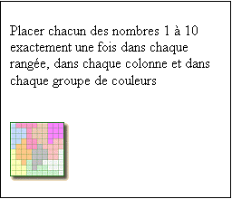 Zone de Texte: Placer chacun des nombres 1 à 10  exactement une fois dans chaque rangée, dans chaque colonne et dans chaque groupe de couleurs
 
 
 

 
